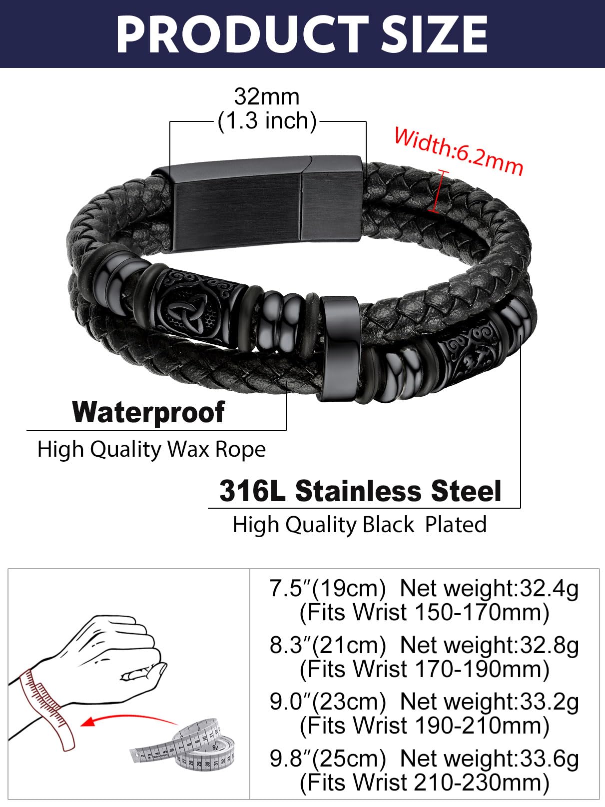 Bandmax Black Leather Viking Nordic Bracelet for Men 8.26 Inch Celtic Knot Beaded Wristband Bracelets Norse Style Men's Wrist Jewelry Gift for Son Husband Father Christmas Birthday Father's Day