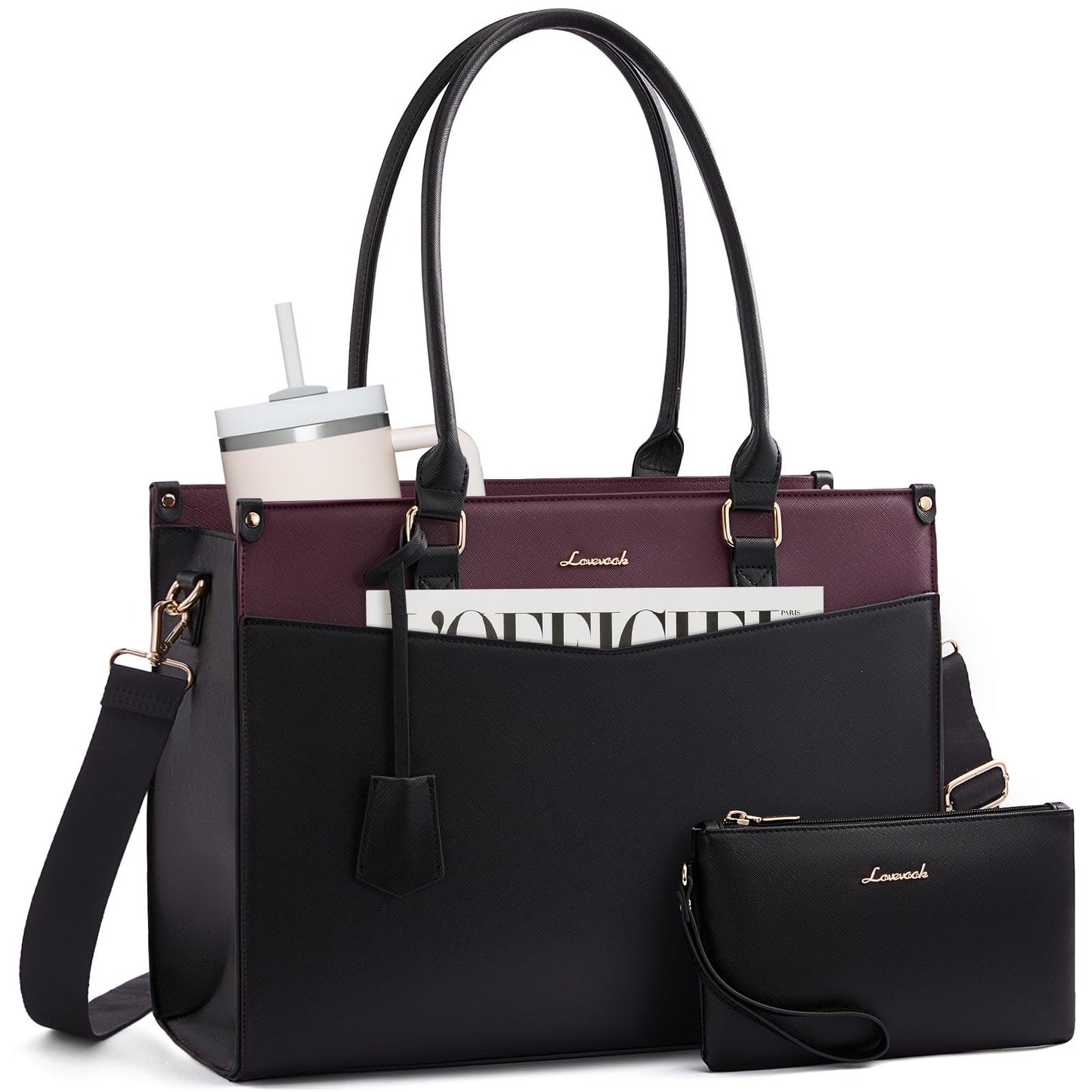 LOVEVOOK 17.3 inch Laptop Bag for Women, 2-in-1 Multi-Pocket Leather Tote Purse with Elegant Clutch & Cup Holder, Waterproof Structured Large Capacity Work Briefcase for Office Travel, Wine Red-Black