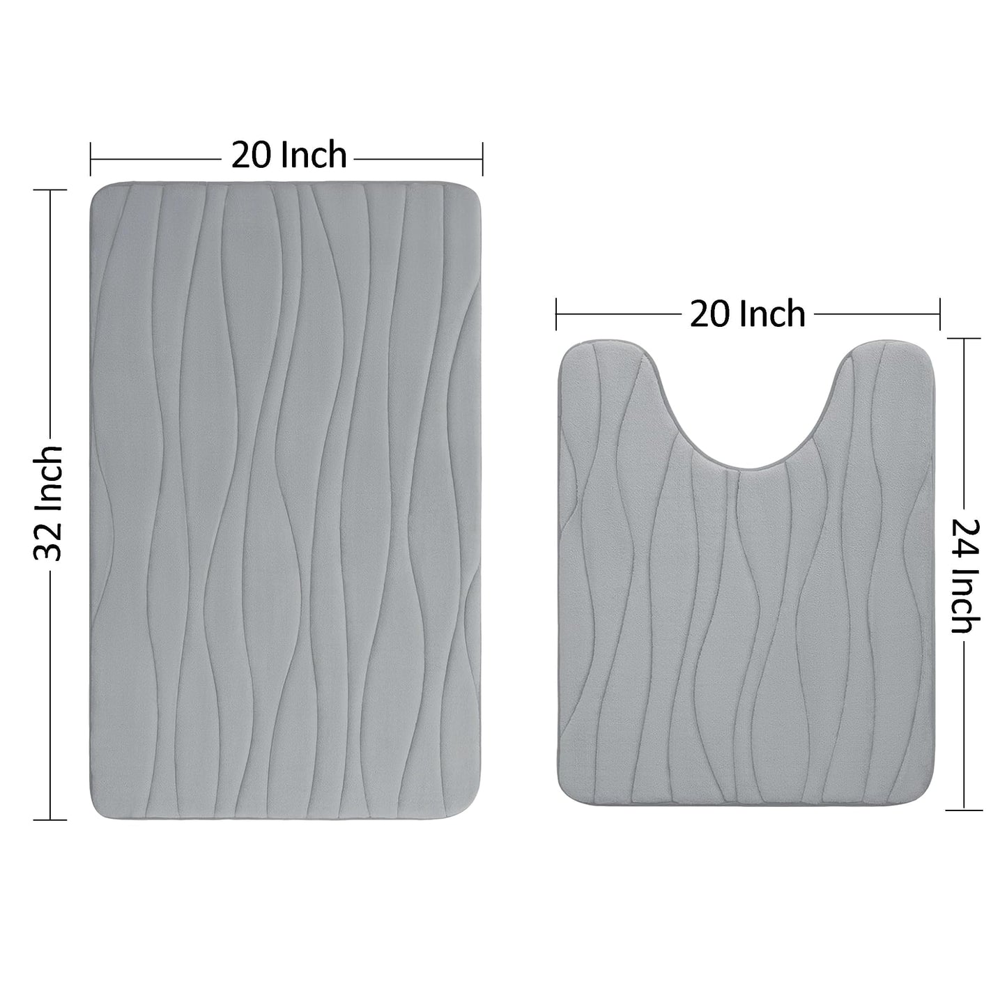 santanu Luxury Flannel Memory Foam Bathroom Rugs Sets 2 Piece - 32x20 Bath Mat + 24x20 U-Shape Contour Rug, Water Absorption Soft Non Slip Thick Absorbent Washable Dry Fast (Wave Light Grey)