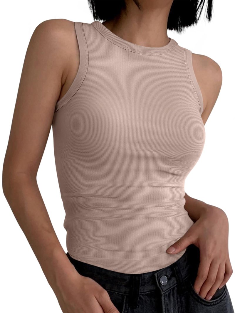 ANRABESS Womens Sleeveless High Neck Tank Tops Fashion Summer Casual Basic Slim Fit Ribbed Racerback Top Shirt Clothes Khaki Small