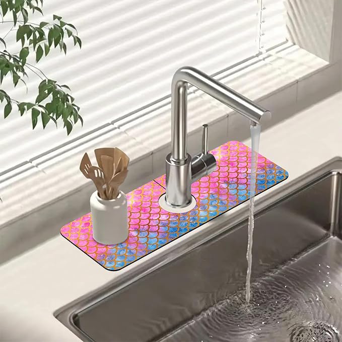 Sink Splash Guard Faucet Mat Watercolor Fish Scales Absorbent Fast Drying Mat