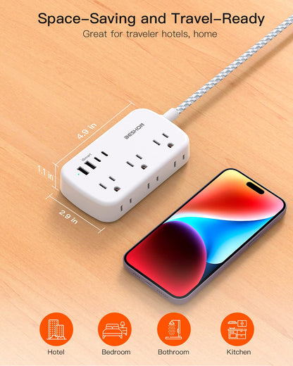 Extension Cord 25 Ft, Flat Plug Power Strip with 6 Outlets with 4 USB Ports(2 USB C), Wall Mount Charging Station, No Surge Protector for Home Office College Dorm Room Travel Essentials