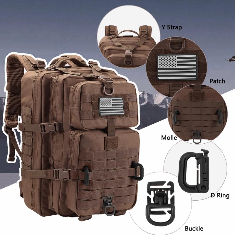 Hannibal Tactical MOLLE Assault Backpack, Tactical Backpack Military Army Camping Rucksack, 3-Day Pack Trip w/USA Flag Patch, D-Rings, Dark Brown