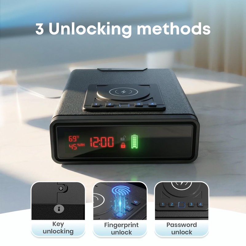 Biometric Fingerprint Gun Safe with Phone & Watch Wireless Charging, 3 Quick Access, Clock Handgun Safe with Adjustable Brightness, Backlit Keypad, Pistol safe for home, office.