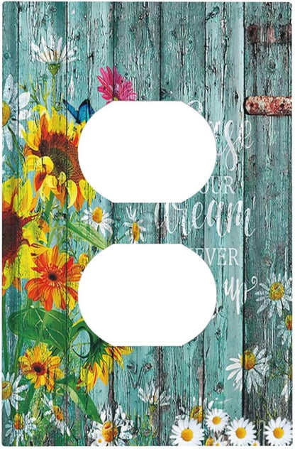 Turquoise Rustic Wood Planks Sunflower Butterfly 1 Gang Outlet Plate Decorative Single Duplex Wall Plate Covers Electrical Receptacle Light Switch Cover Switchplate for Country Bathroom Decor