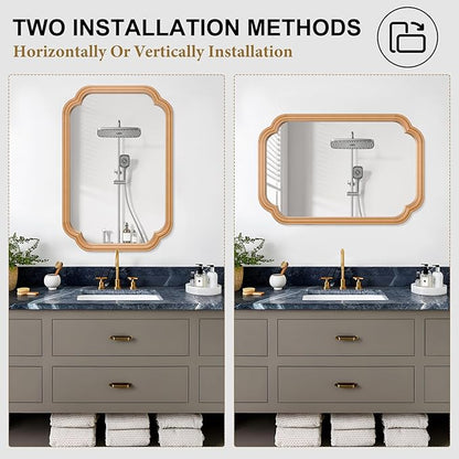 Wood Mirror for Bathroom, 20" x 30" Rectangular Wall Mirror for Bathroom Vanity with Wooden Frame Farmhouse Rounded Corner Wall Mirror Decor (Horizontal/Vertical)