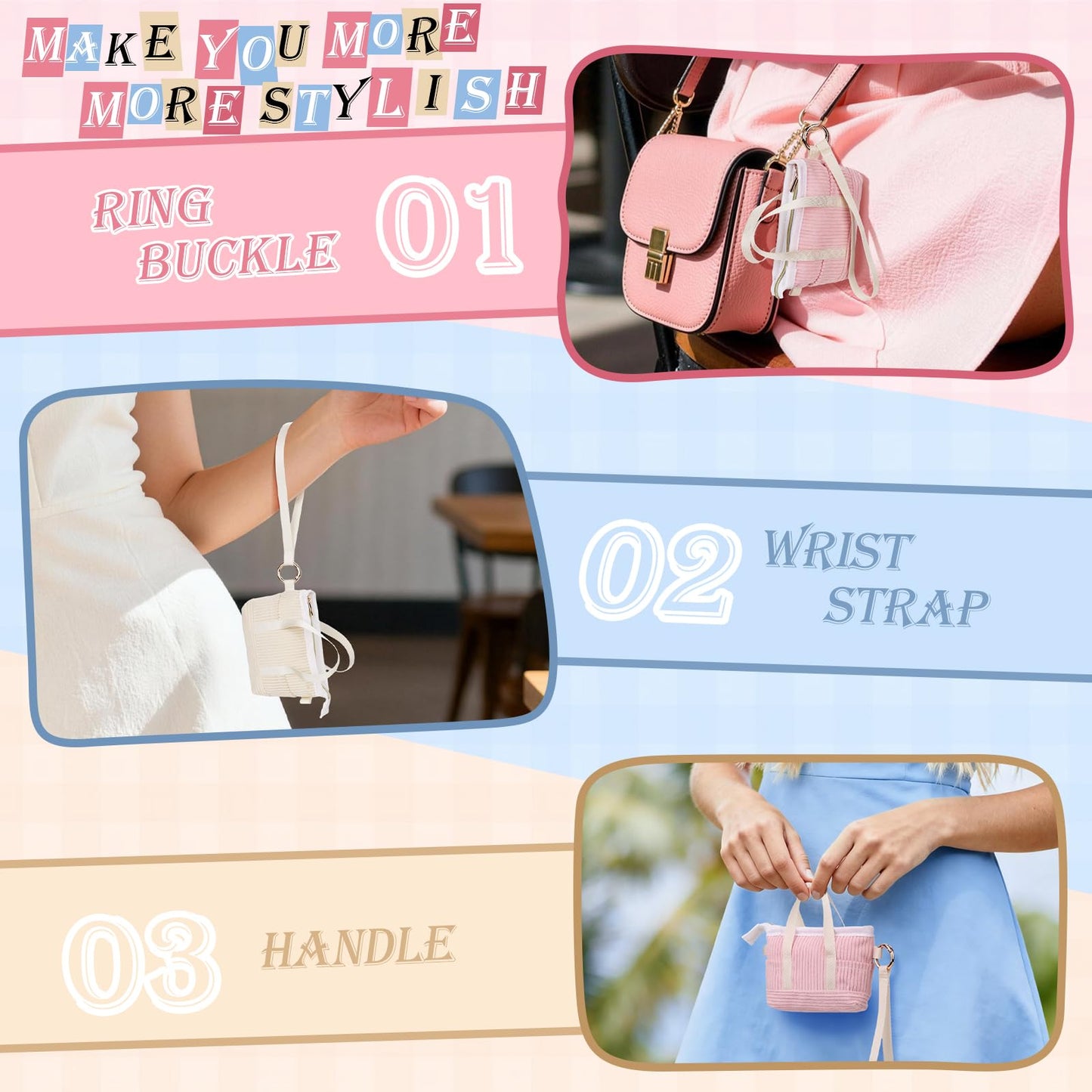 Playexen Mini Backpack Keychain for Women, Portable Cute Small Makeup Pouch with Wristlet, Mini Tote Bag Keychain for Crossbag, Handbag, Backpack, Gifts for Birthday/Party/Christmas (Corduroy-Pink)