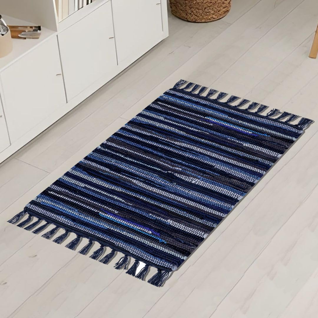 Threadvista Hand Woven Chindi Rug Cotton - Rustic Boho Accent Throw Rug for Living Room Bedroom Kitchen Entryway Floor Mats - Ideal for High Traffic Areas 20x32 inch Reversible Area Rug Blue Multi