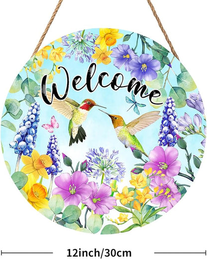 Welcome Spring Hummingbird Front Door Sign Decor 12"x12" Spring Floral Flowers Wood Door Hanger for Outdoor Outside Porch Seasonal Summer Farmhouse Wooden Wreath Wall Hanging Sign for Home Yard