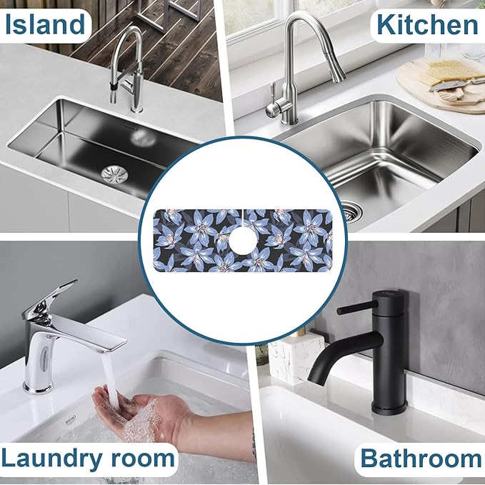 Blooming Lily Sink Faucet Absorbing Mat Blue Lily Flowers Super Absorbent Fast