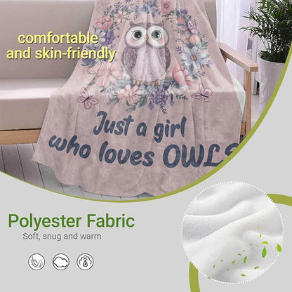 Owl Floral Lightweight Throw Blanket, Cute Cartoon Animal with Flower and Butterfly, Warm Soft Cozy Flannel Blankets, Couch Dorm Home Decor All Season Use, 80x60in, Pink, Gifts for Girls Women