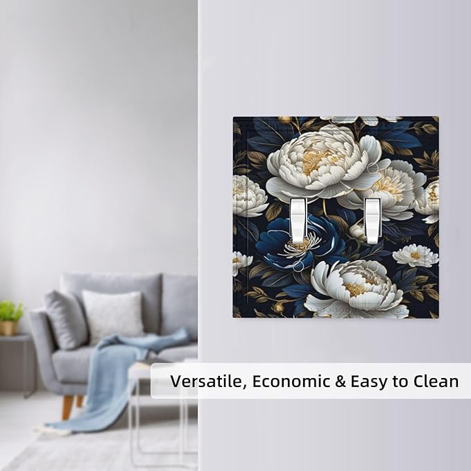 White Gold Blue Flower Light Switch Covers Double Toggle 2 Gang Wall Plate Dual Decorative Switchplate Electrical Faceplate for Farmhouse Living Room Decor