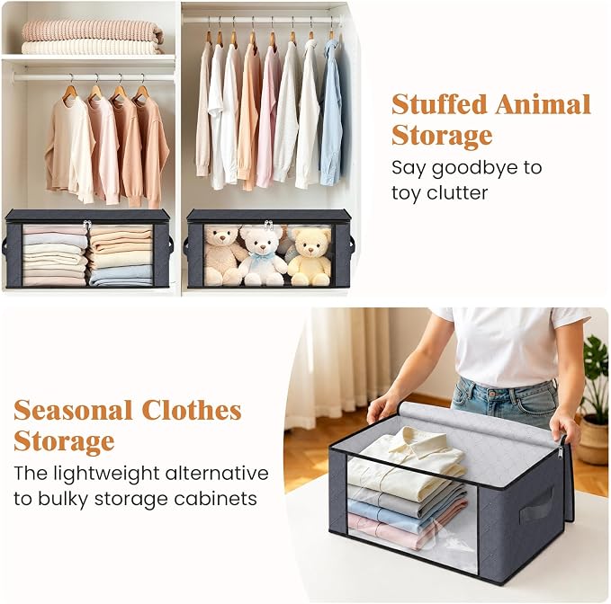Fab totes 35L Closet Organizers and Storage, Foldable Under Bed Storage Containers, Storage bags for Organizing Bedroom, Closet, Clothing,Organization with Handle (4 Pack,Grey)