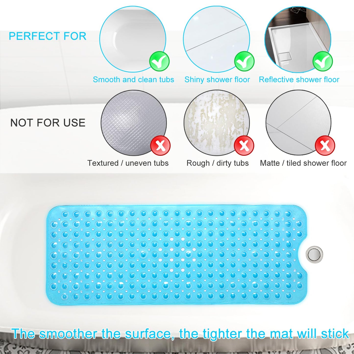 Upgrade Baby Bath Mat Non Slip Extra Long Bathtub Mat for Kids 40 X 16 Inch - Eco Friendly Bath Tub Mat with 200 Big Suction Cups,Machine Washable Shower Mat,Blue