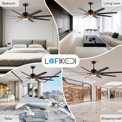 72 Inch Large Ceiling Fan with Light and Remote Control, 8 Blades Modern Ceiling Fan with Reversible DC Motor, Stepless Dimmable, Quiet for Indoor Use, Black and Gold