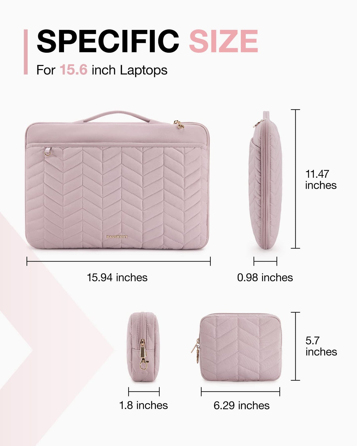 BAGSMART Laptop Case with Handle, Puffy Padded Laptop Bag Sleeve for Women, Portable MacBook Air/Pro Computer Case, 15-16 inch, Pink