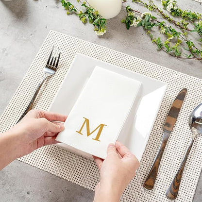 Restaurantware Napkins Pack of 300 Gold Letter M Linen-Feel Paper Disposable