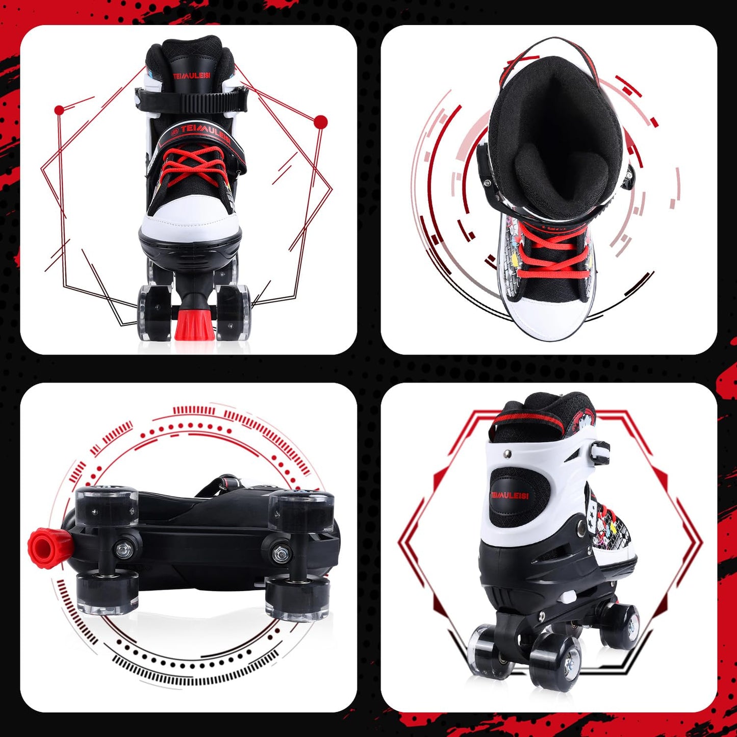 Kids Roller Skates, 4 Size Adjustable Quad Skates with All Light Up Wheels, 10C to 8 Rollerskates for Toddlers, Beginners, Boys, Girls, Outdoor, Indoor, Black, Large