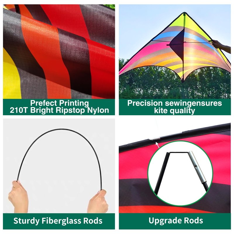 Mint's Colorful Life 3 Pack Delta Kites for Kids & Adults, Easy to Fly Large Kite Set for Beginners, Perfect Family Kites for Park and Beach Trip with 300ft String Included (Green&Yellow&Rainbow)