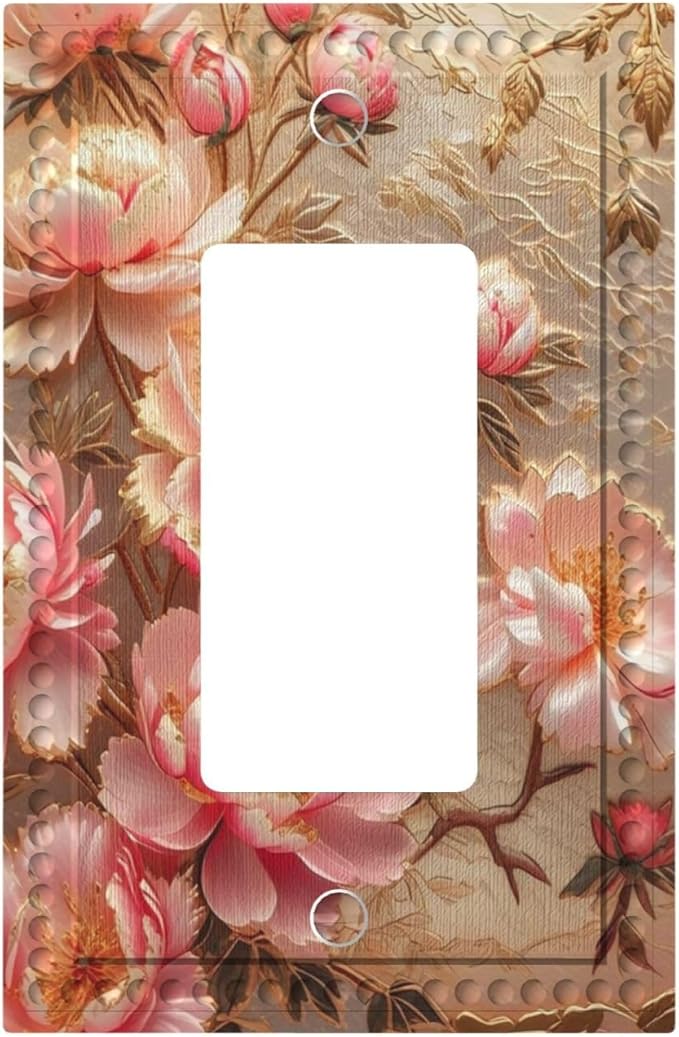 Pink Blooming Flowers Peonies Floral Single Decora Outlet Wall Plate 1 Gang Rocker Decorative Switch plate Faceplate GFCI Light Switch Covers for Farmhouse Living Decor