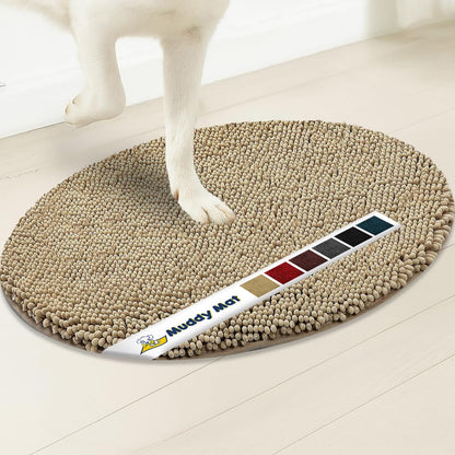 Muddy Mat® Shown on TV – Super Absorbent Microfiber Dog Door Mat for Muddy Paws, Non-Slip Washable Pet Rug, Quick Dry Chenille Entryway Carpet,Machine Washable Indoor Outdoor Mat, Beige Oval 3ft x 5ft