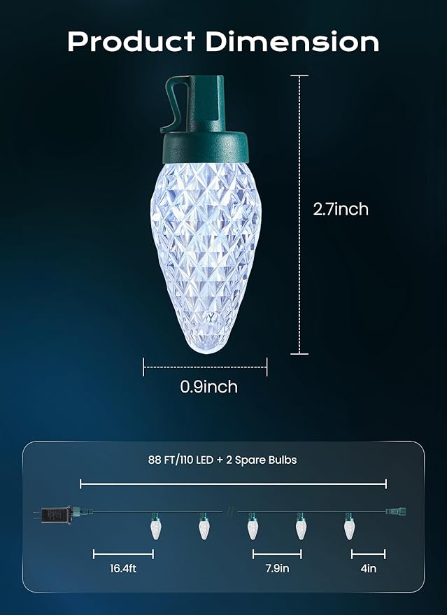 Minetom C9 Christmas Lights Outdoor, 72 FT 110 LED C9 String Lights, 8 Modes & Timer Connectable Waterproof for Christmas Tree Light Indoor Outdoor Roofline Patio Outside Yard Xmas Decor, White 72FT