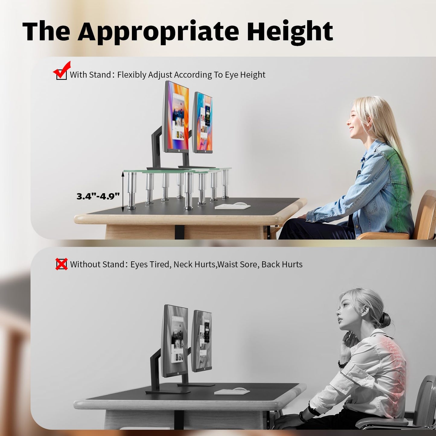Hemudu Dual Monitor Stand -Adjustable Length and Angle Dual Monitor Riser, Desktop Organizer for PC, Computer, Laptop (Clear)