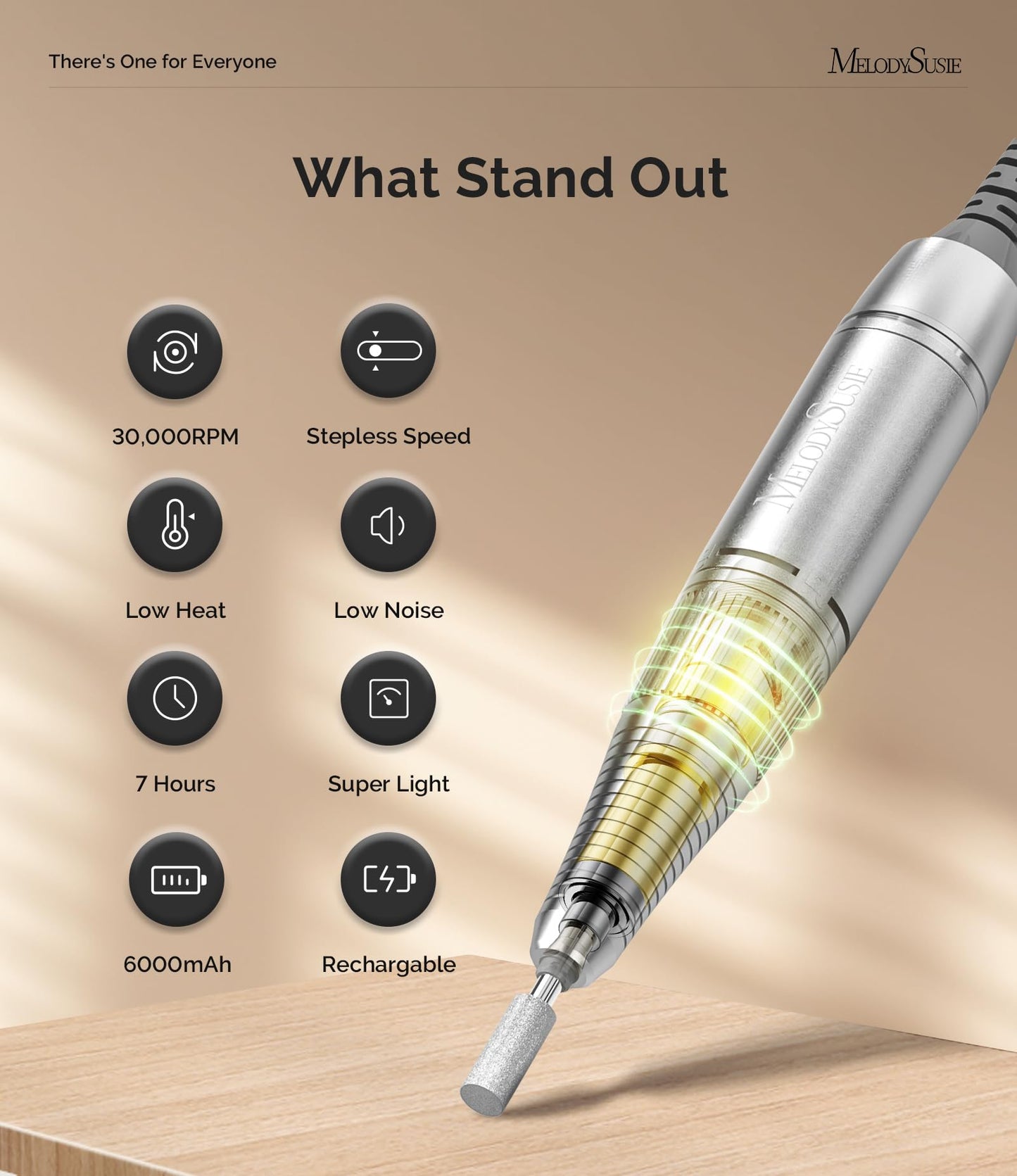MelodySusie Professional Rechargeable 30000 RPM Nail Drill,SC320H Portable Electric E File Scamander, Acrylic Gel Grinder Tools with 6 Bits and Sanding Bands for Manicure Pedicure Carve Polish(Black)