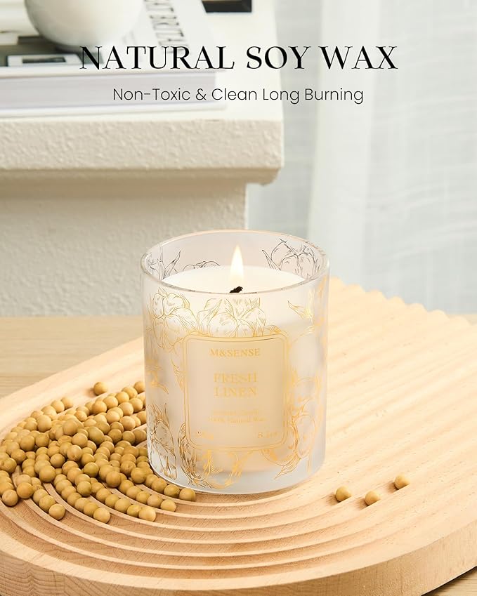 M&SENSE Fresh Linen Scented Vegan Soy Candles,Subtle Scented, No Toxin 8.1oz 42-Hour Long Burning Time,Calming Candles for Home Fragrance Office,Housewarming Gift for Women & Men