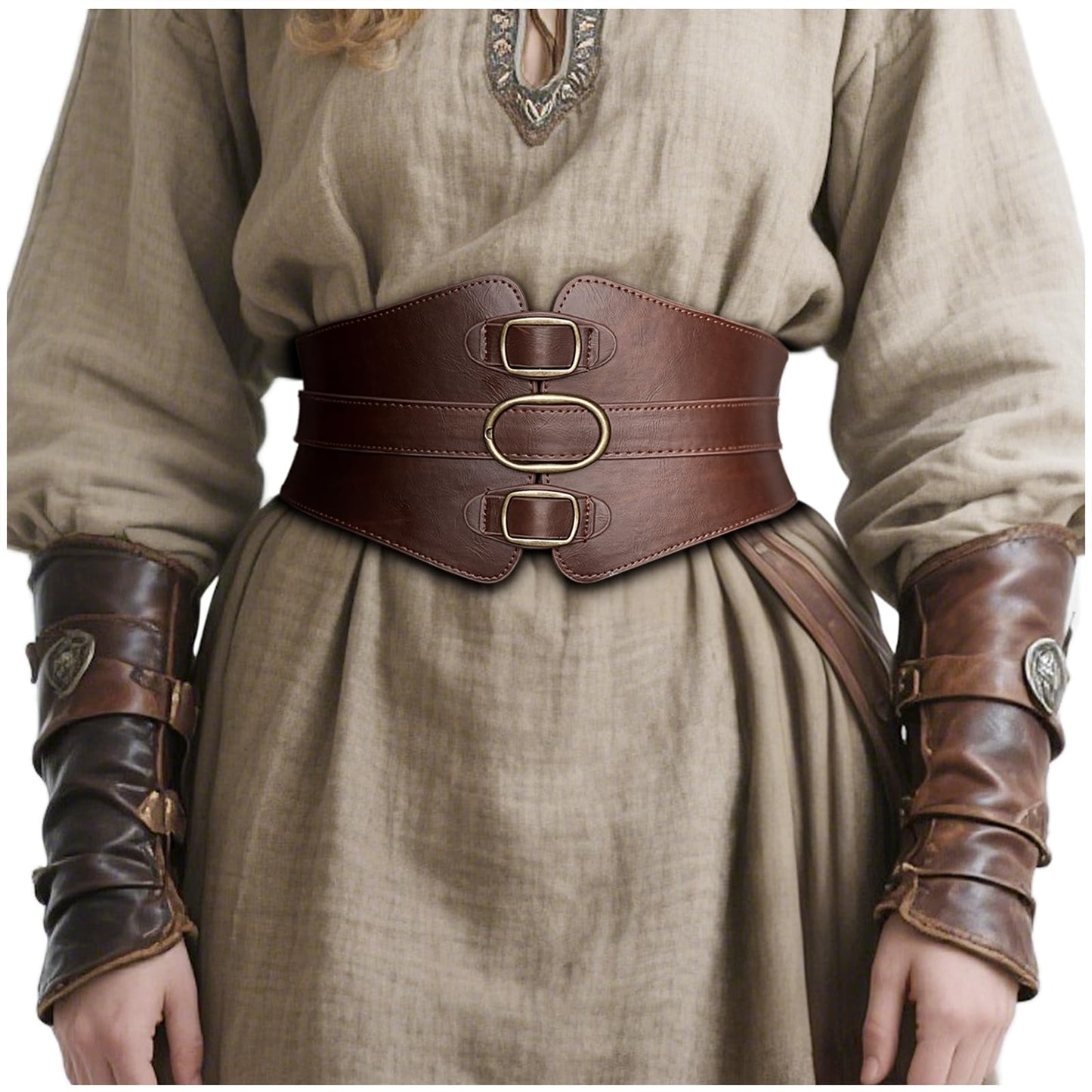 Joukavor Viking Corset Belt Women Leather Waist Corset Renaissance for Halloween Ren Faire (Brown, L)