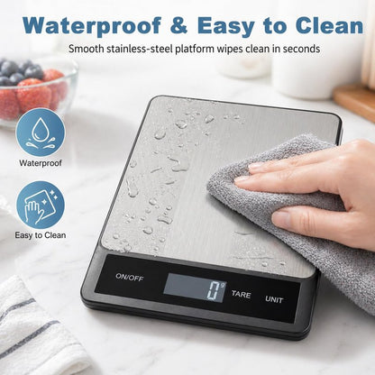 33LB/15KG Digital Kitchen & Food Scale – Waterproof Stainless Steel, USB Rechargeable, 1g Precision, Tare Function for Cooking, Baking, Meal Prep