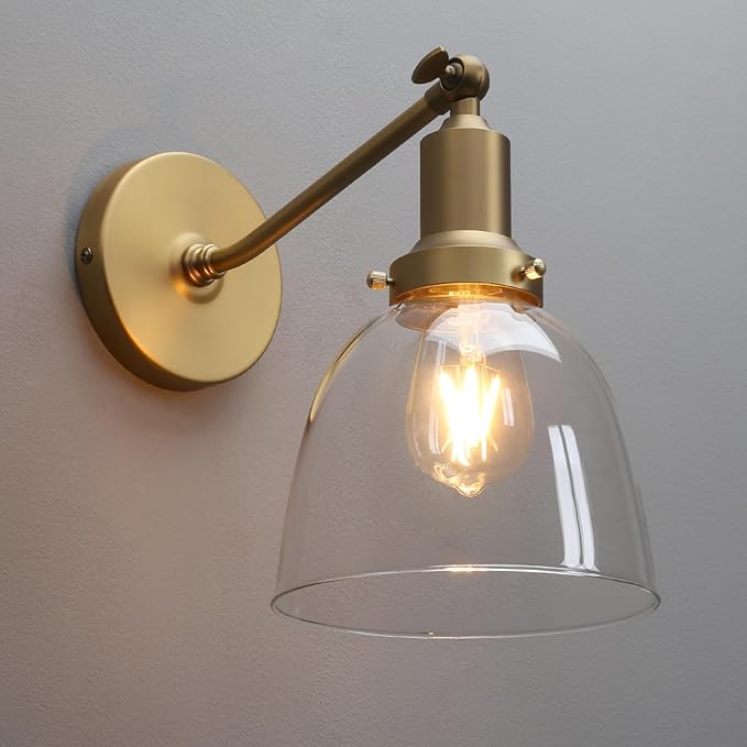 PERMO Industrial Vintage Slope Pole Wall Mount Single Sconce with 6.7" Oval Dome Clear Glass Shade Antique Gold Wall Sconce Light Fixture