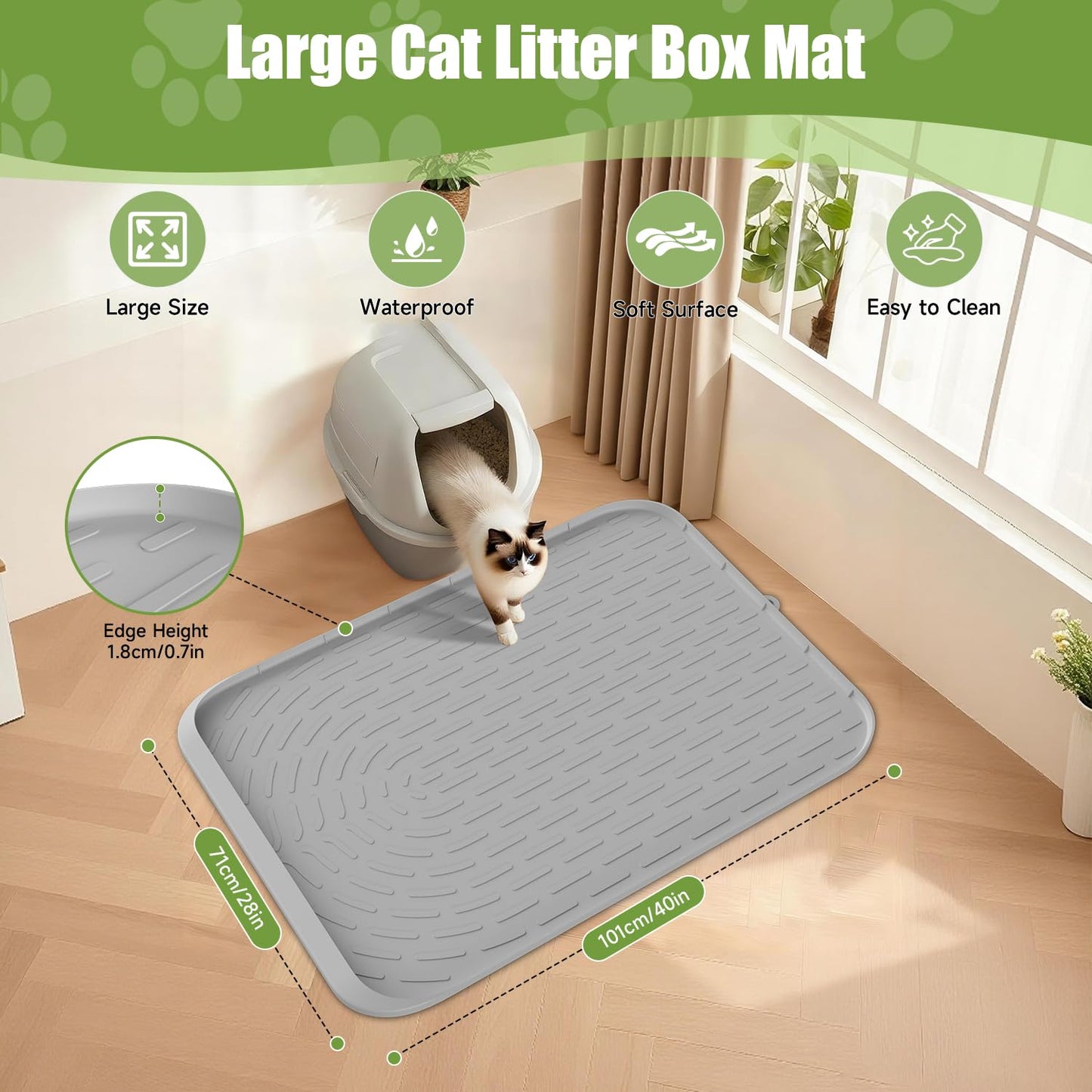Pawinner Cat Litter Box Mat, 40" x 28" Extra Large Cat Litter Mat, Waterproof Litter Trapping Mat with Raised Edge, Soft on Kitty Paws, Urine-Proof,Non-Slip Floor Protector for Floor