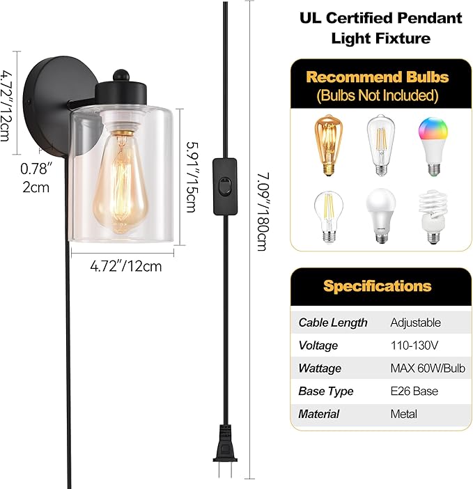 Metal Sconces Wall Lighting with Clear Glass Shade,Bathroom Black Vanity Light Matte Black Wall Sconce, Matte Black Vanity Lights for Bathroom, Modern Wall Light Fixtures