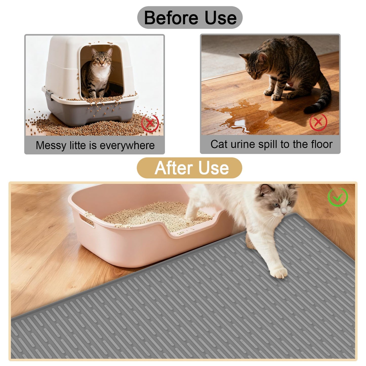XXL Silicone Cat Litter Mat, 40"x30"(100cmx75cm) Extra Litter Box Mat for Floors, Non-Slip Litter Trapping Mat to Prevent Tracking, Easy to Clean Kitty Litter Catcher Mat, Durable, Black