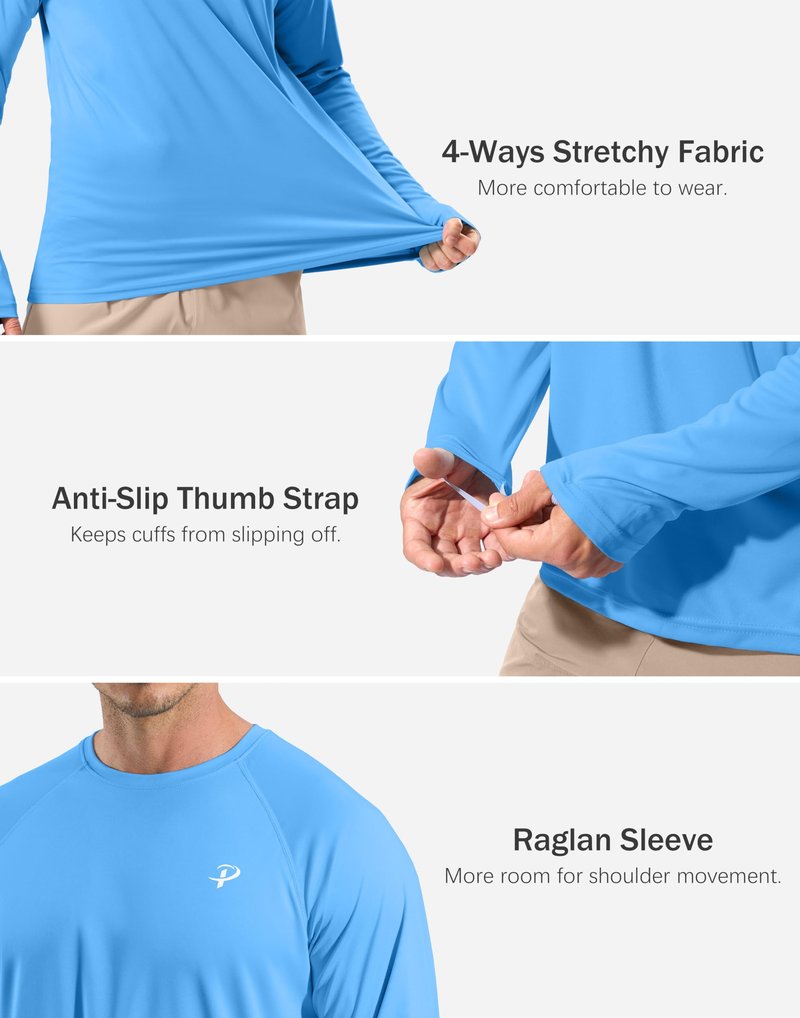 Pudolla Mens Sun Protection Shirts UV SPF T-Shirts UPF 50+ Long Sleeve Rash Guard Fishing Running Quick Dry(Sky Blue M)