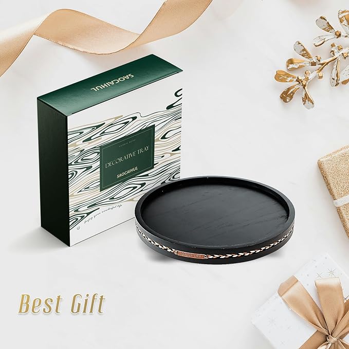 Decor Decorative Round Tray 11.81in for Home Decor for Coffee Table Farmhouse Kitchen Table Living Room Bathroom Centerpiece Tray Decor Black with Stripes