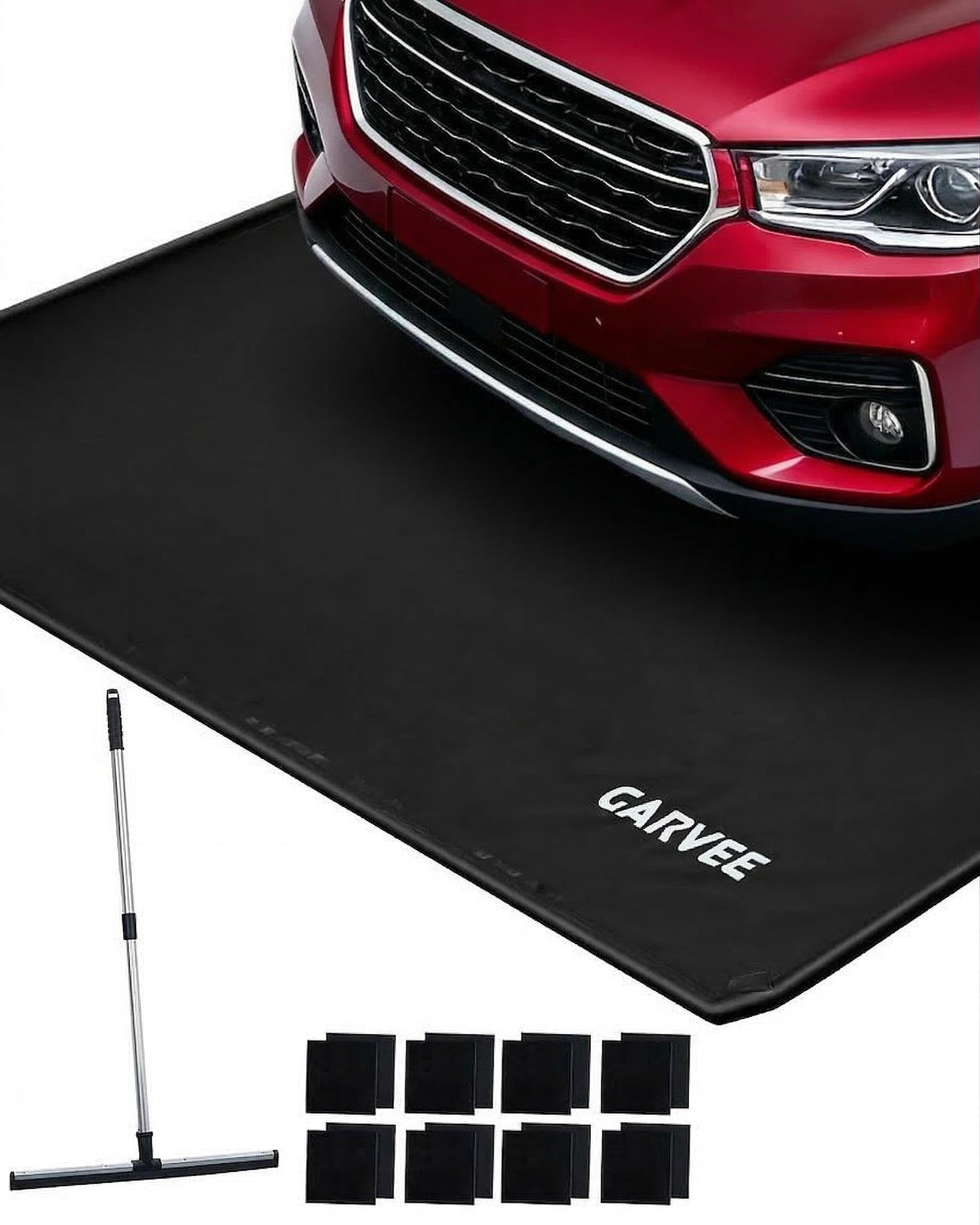 Garage Mat with Raised Edge, 1000D PVC Non-Slip Floor Protector for Cars Trucks SUVs, Snow Melt Containment Tray for Winter, Comes with Squeegee & 8 Attachment Straps, 4 Size Options (7.9x16 to 8.6x22