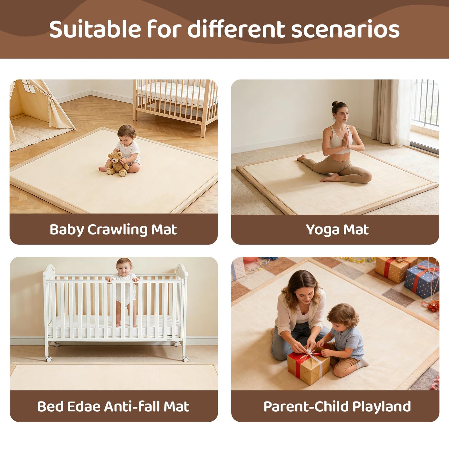 TreeBud Baby Play Mat for Floor, 1.3 Inch Thick Memory Foam Tummy Time Mat with Non Slip Backing, Soft Coral Velvet 50×50 Inch Playpen Mat Crawling Tatami for Infants Toddlers Kids, Beige