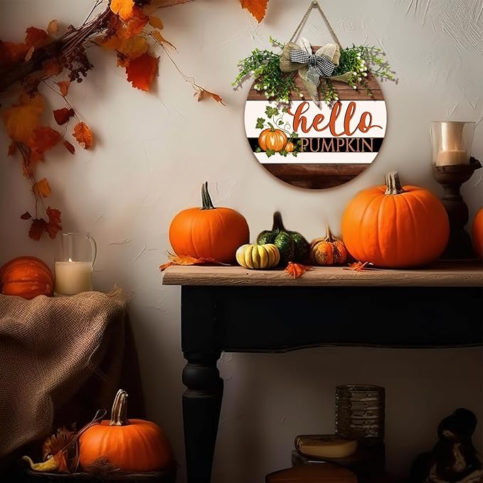 Hello Pumpkin Sign for Front Door Fall Rustic Harvest Hanging Sign With Bow and Wreath Thanksgiving Welcome Wood Sign Door Signs for Farmhouse Autumn Home Porch Wall Holiday 12 Inch