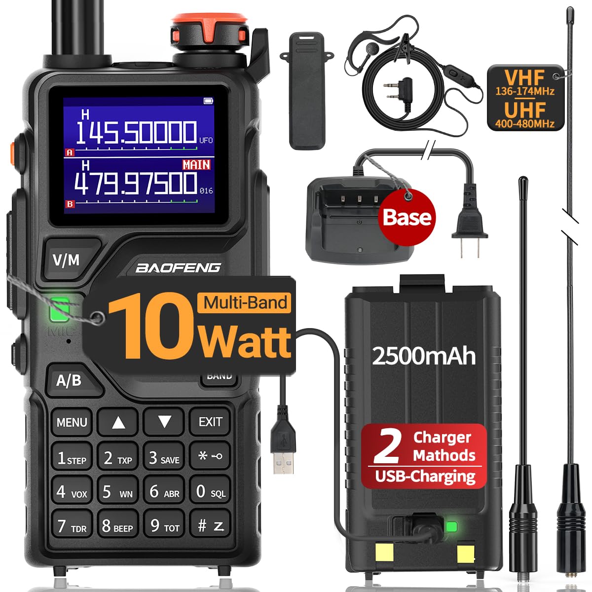 BAOFENG K5PLUS Radio Ham Radio 10W Rechargeable Walkie Talkies Long Range UV32 5RM Handheld Two Way Radio NOAA Weather Radio with Copy Frequency,USB-C Charging for Hunting Survival Gear