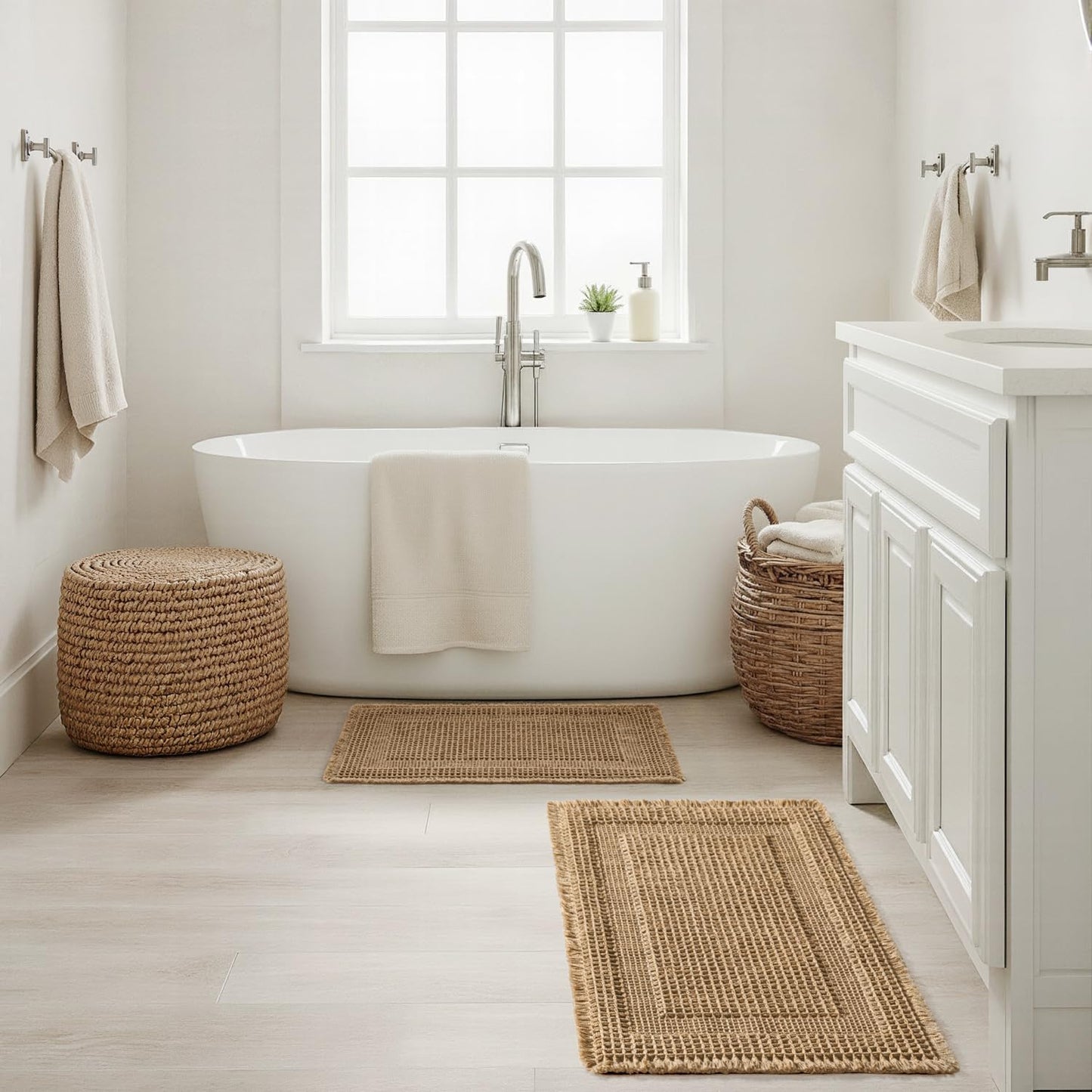MIULEE Set of 2 Waffle Bathroom Rugs, Boho Bath Rug Super Absorbent, Non Slip Washable Ultra Soft Rubber Backed Shower Bath Mats for Floor, Tub, Shower, Looped Design, Brown, 17"x24"+18"x30"