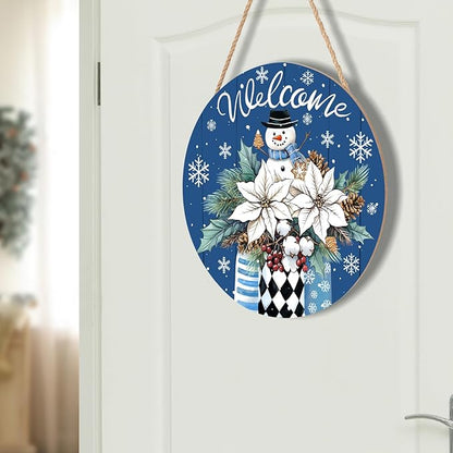 Welcome Winter Blue Poinsettia Front Door Sign Winter Snowman Wood Door Hanger Outdoor Outside Porch Decor Blue Christmas Snowflake Holiday Wreath Wall Hanging Welcome Sign for Home Front Porch 12in