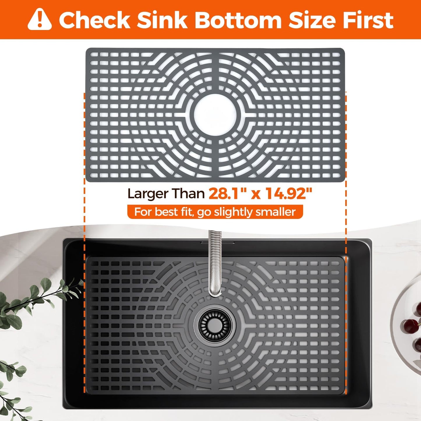 Snuggery Silicone Sink Protector 28"x15" Center Drain Hole, Heat Resistant Non-slip Dishwasher Suitable, Large Mat for Bottom of Farmhouse Kitchen Stainless Steel Sink(Grey)