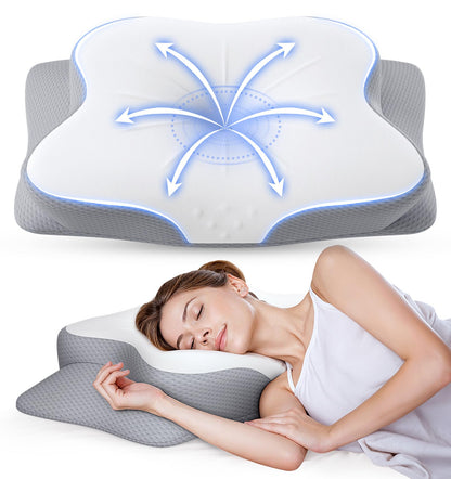 Cervical Pillow for Neck Pain Relief - Ergonomic Memory Foam Pillow with Cooling Case Orthopedic Support Side Sleeper Pillow for Pain Relief Support for Side Back Stomach Sleepers