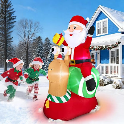 6 FT by 4.8 FT Christmas Inflatables Outdoor Decorations,Blow Up Santa Claus Riding Snail with Built-in LED Lights,Christmas Inflatables with Gift Box for Xmas Party Holiday Indoor Yard Lawn Garden