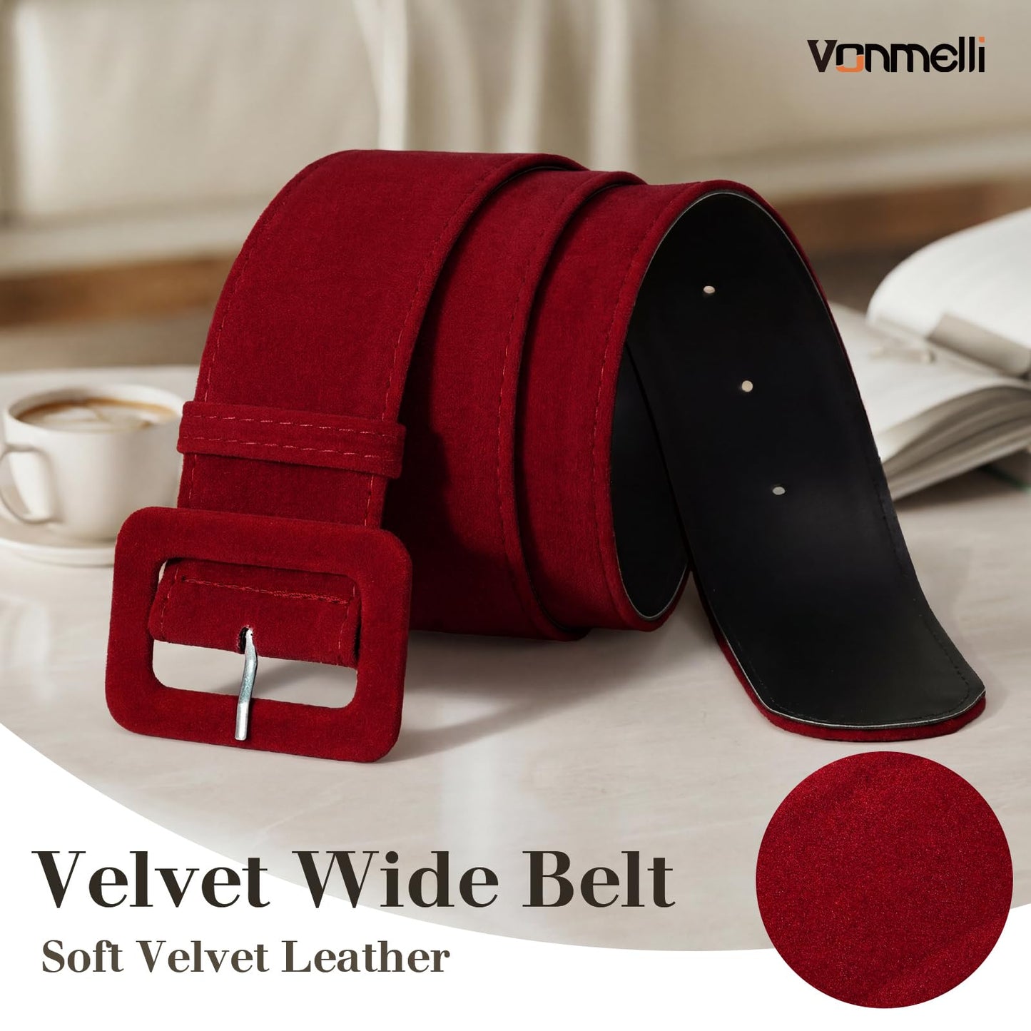 VONMELLI Women Wide Velvet Belt for Dresses Red Thick Chunky Waist Belt with Vintage Square Buckle, L