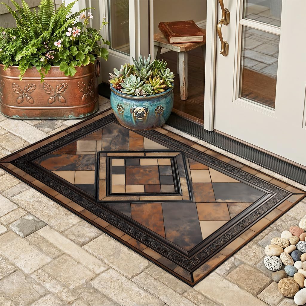 Vintage Geometric Faux Cashmere Non-Slip Rug, 15.7 x 23.6 Inches, Brown Patchwork Accent Mat for Entryway, Bedroom, Bedside, Kitchen and Bathroom Dry Area (Brown)