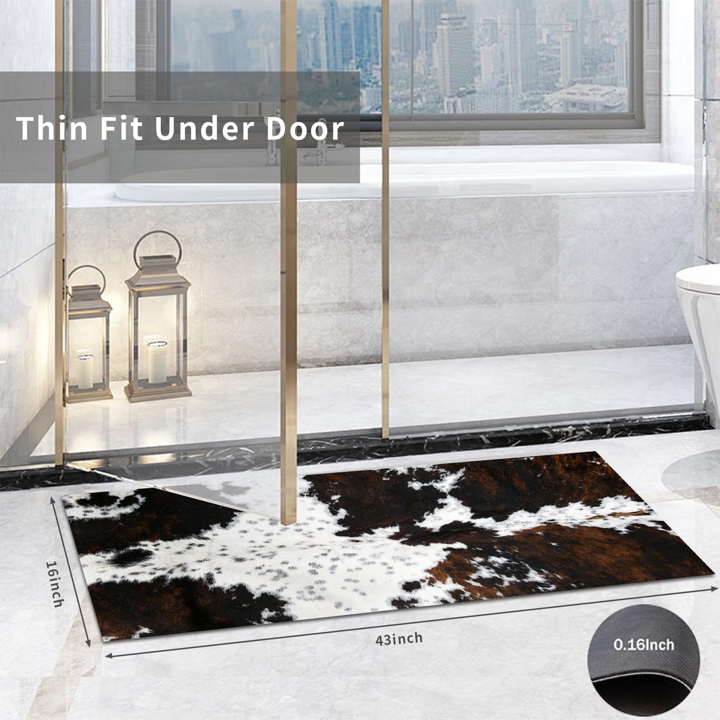 MUGINYU Cowhide Cow Print Bath Mat,Long Western Bathroom Rug for Farmhouse Cowboy Decor,Quick Dry Absorbent Non-Slip Narrow Shower Rug Runner Mats for Bathroom Floor with Rubber Backing