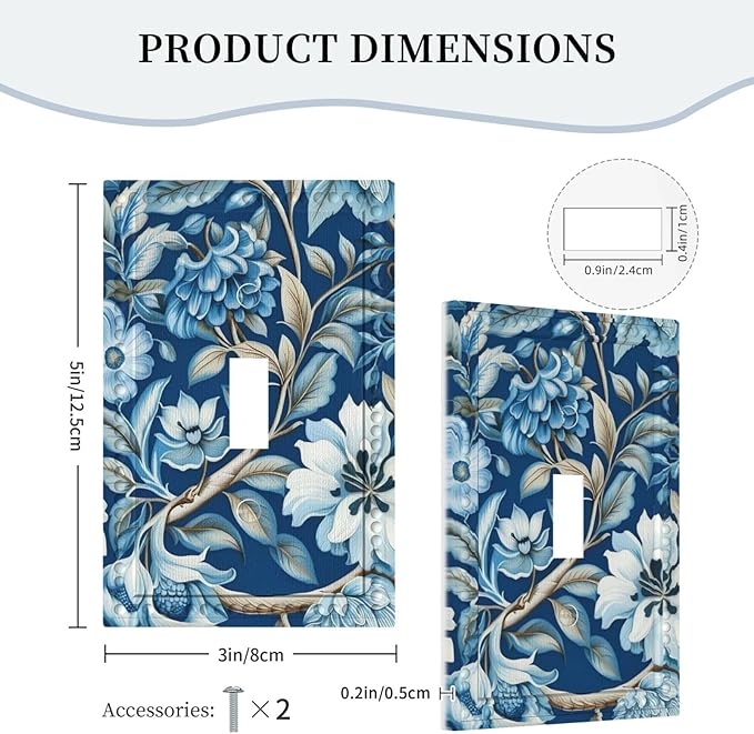 Blue Flowers Branches Leaves Floral Pattern Light Switch Covers 1 Gang Single Toggle Wall Plate Decorative Switchcover Electrical Switchplate for Country Living Decor